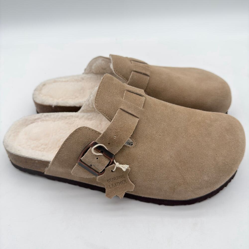 CushionAire Haze Fur Suede Leather Cushioned Clog Everyday Comfort Sand 10